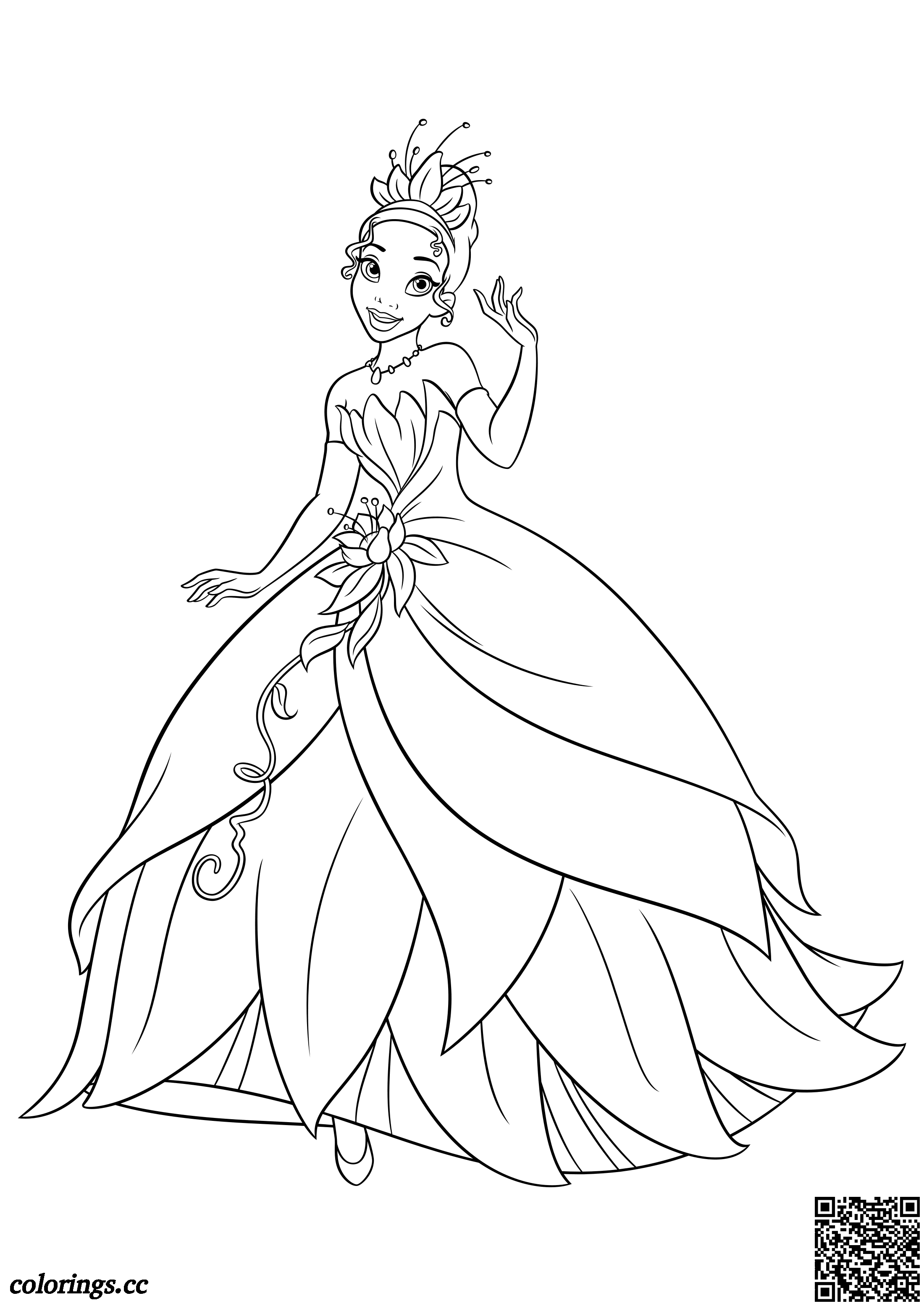 Tiana in an elegant dress coloring pages, Disney princesses ...