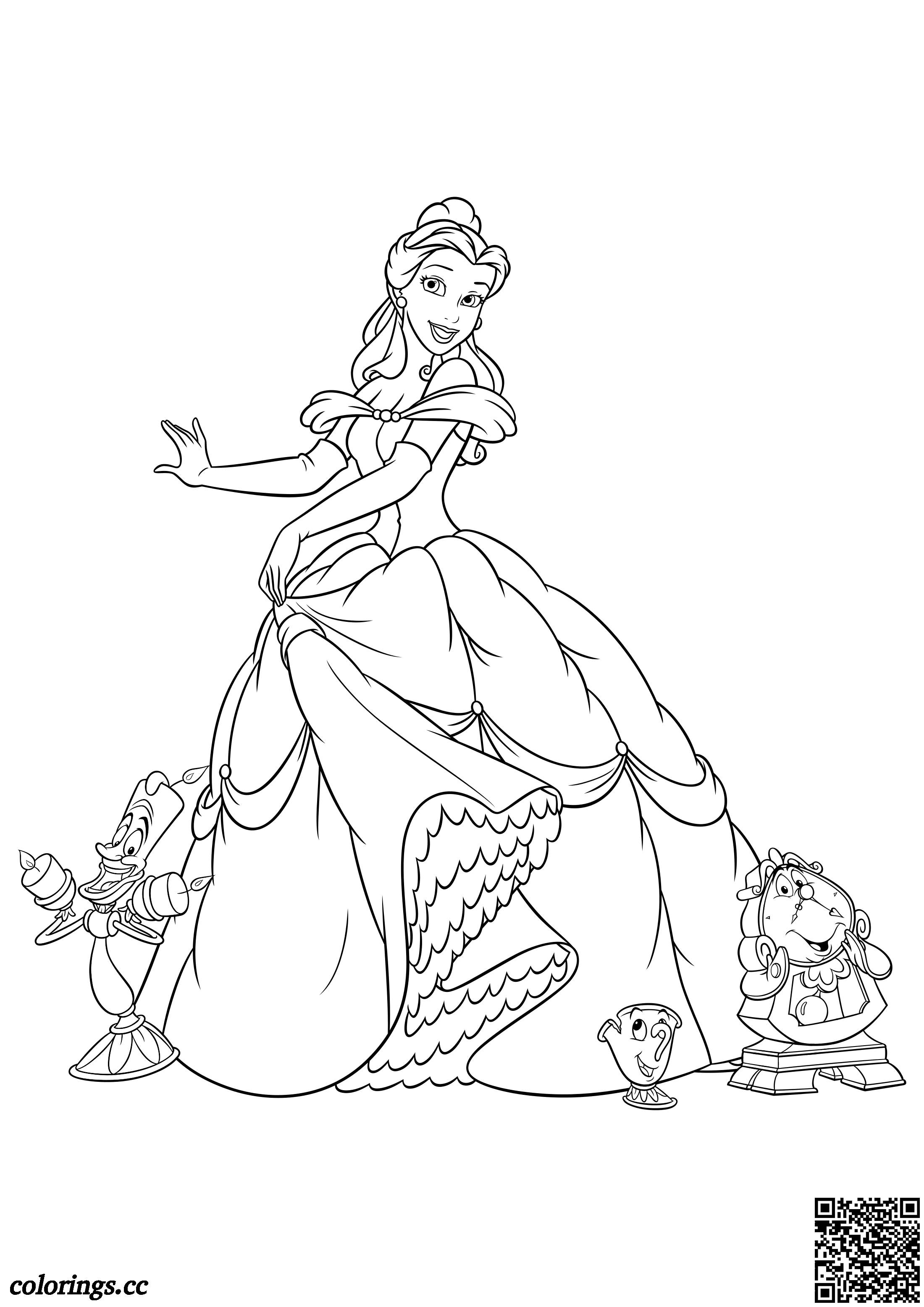 Belle, Lumiere, Chip og Cogsworth til farvelægning, Disney prinsesser tegninger til farvelægning - Colorings.cc