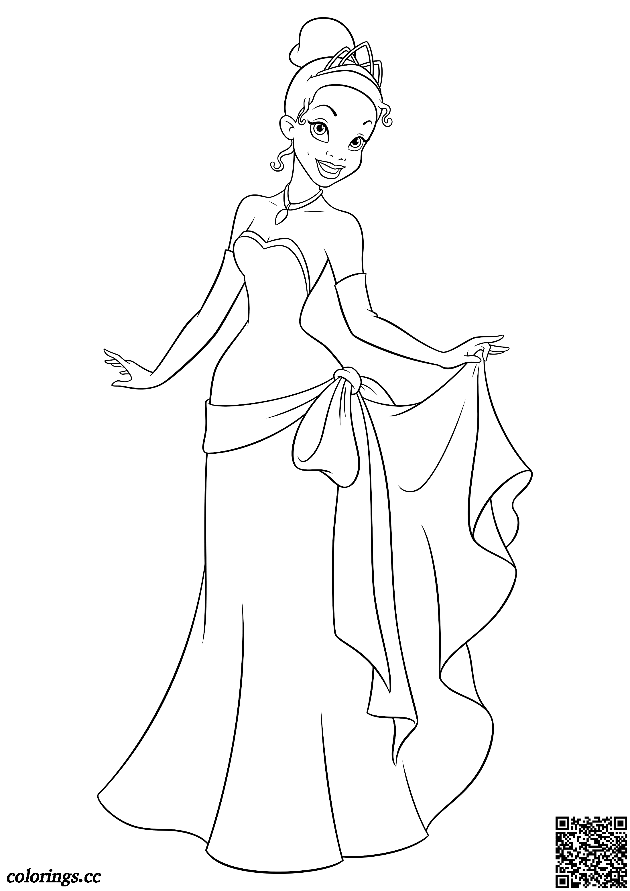 Tiana in an evening dress coloring pages, Disney princesses coloring ...
