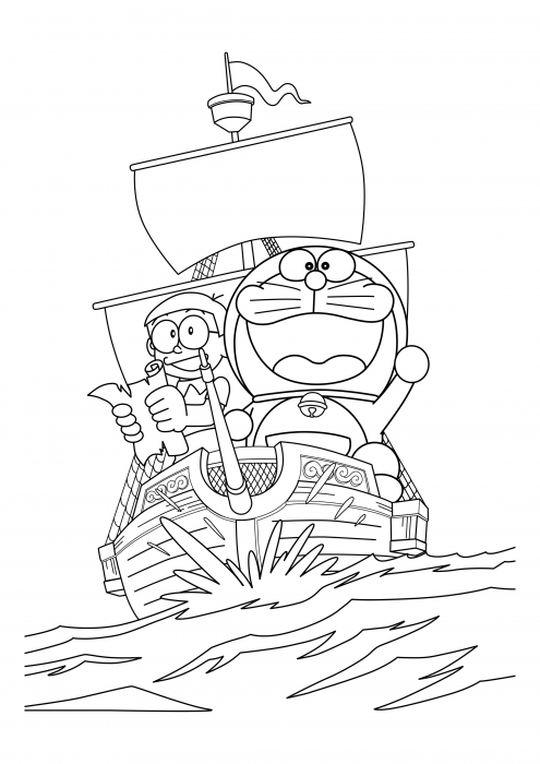 Nobita and Doraemon sail on the ship