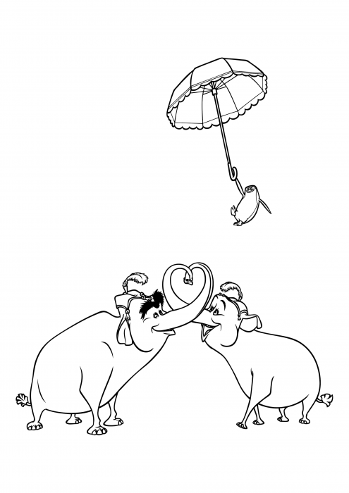 Słonie cyrkowe i pingwin z parasolem