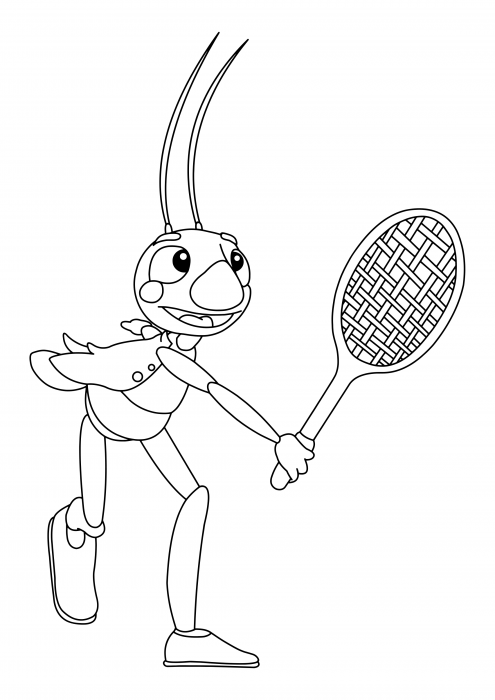 Grasshopper Kuzya with a racket