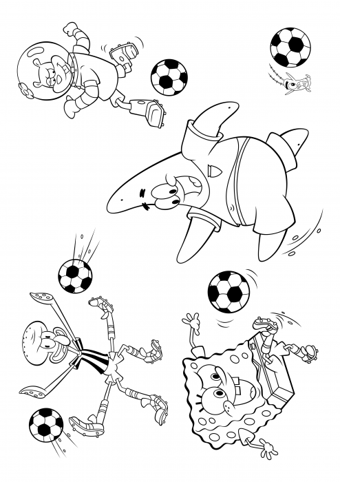 Spongyabob, Squidward, Patrick, Sandy és Plankton focisták