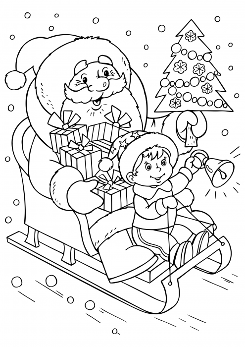 Jultomten med en pojke på en släde