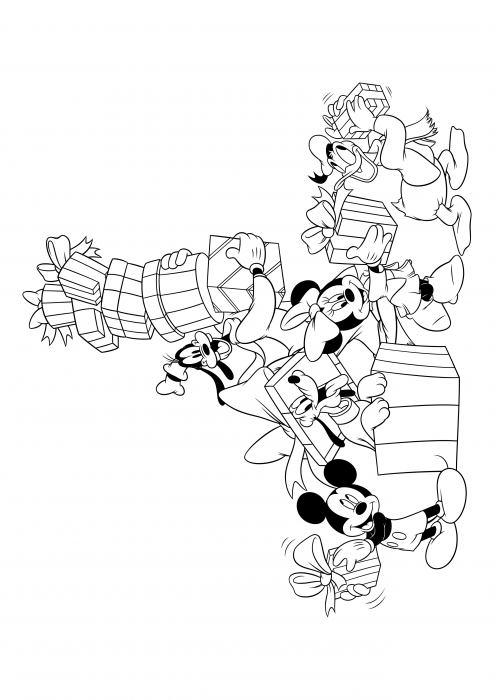 Mickey, Pluto, Goofy, Minnie and Donald with gifts