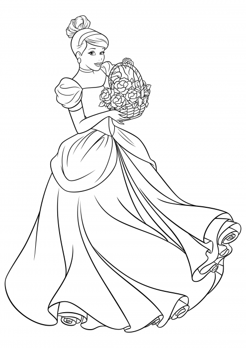Askepot med en kurv blomster til farvelægning, Disney prinsesser tegninger farvelægning - Colorings.cc