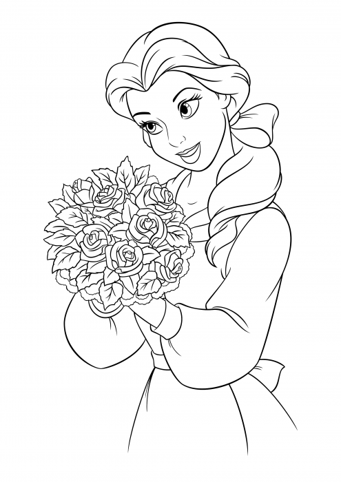 Belle with a bouquet of roses