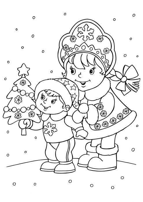 雪少女与一个男孩和一棵圣诞树