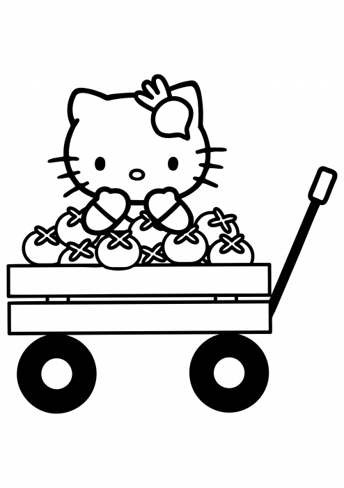 Kitty em um carrinho com legumes