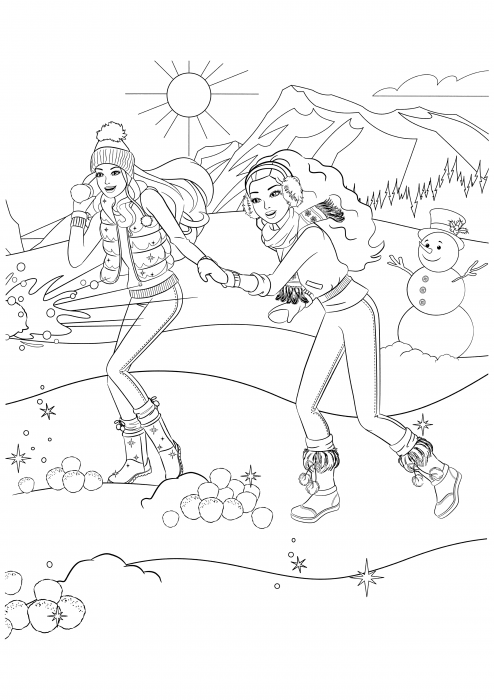 Barbie en haar vriend spelen sneeuwballen