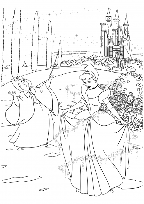 Fairy turns Cinderella's rags into a dress