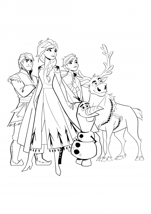 Coloring Page - Kristoff, Elsa, Anna, Olaf and Sven