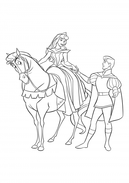 Coloring for girls - Disney Princess - Princess Aurora on horseback and Prince Phillip