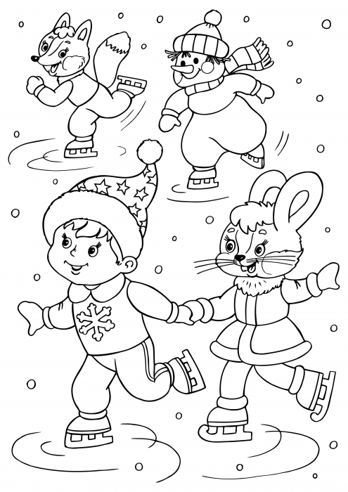 Vos, sneeuwman, jongen en konijntje schaatsen