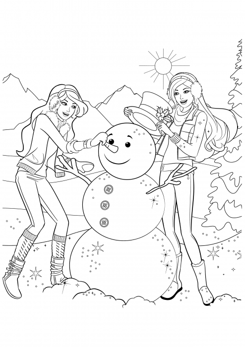 Barbie y su amiga hacen un muñeco de nieve