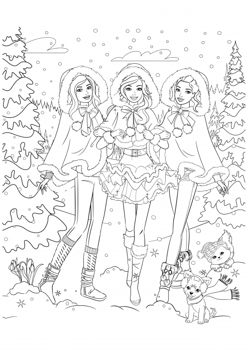 Barbie mit Freunden in einem verschneiten Wald