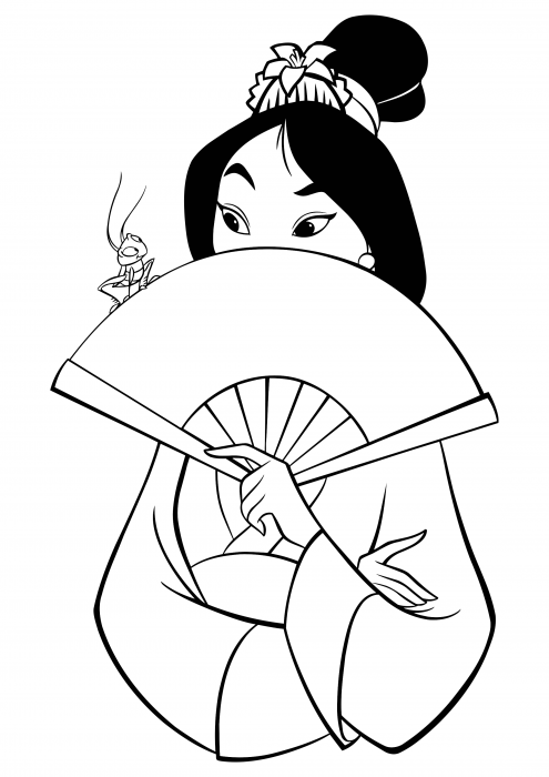Mulan con un abanico y un grillo Kri-Ki